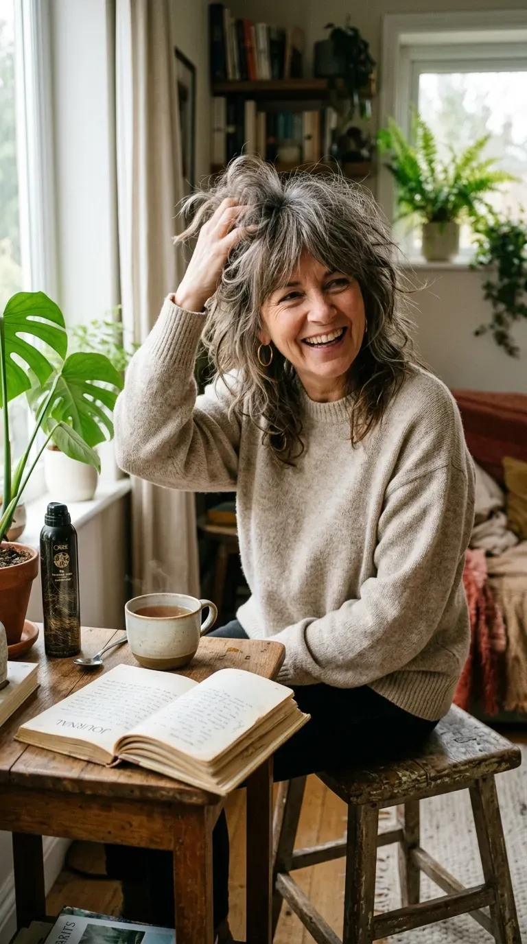 Woman over 50 with a messy, tousled shag haircut