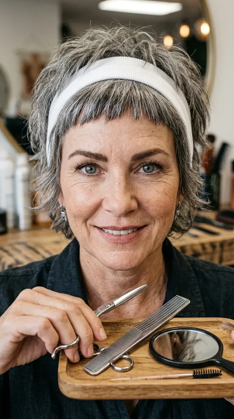 Woman over 50 with a shag haircut paired with a short micro-fringe