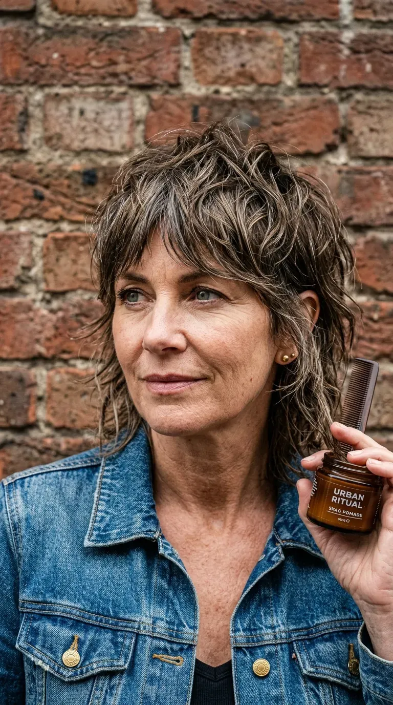 Woman over 50 with a piecey shag haircut and separated texture