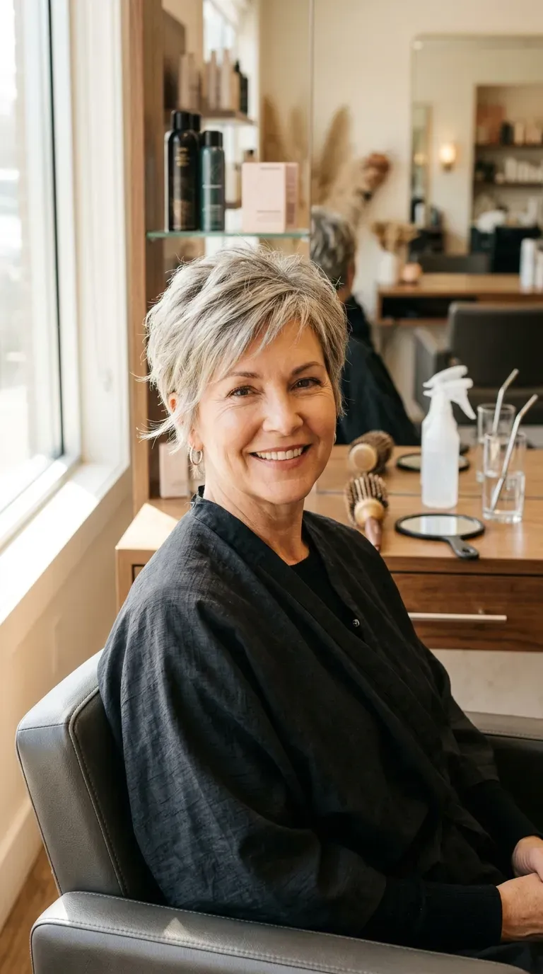 Woman over 50 with a short pixie shag haircut