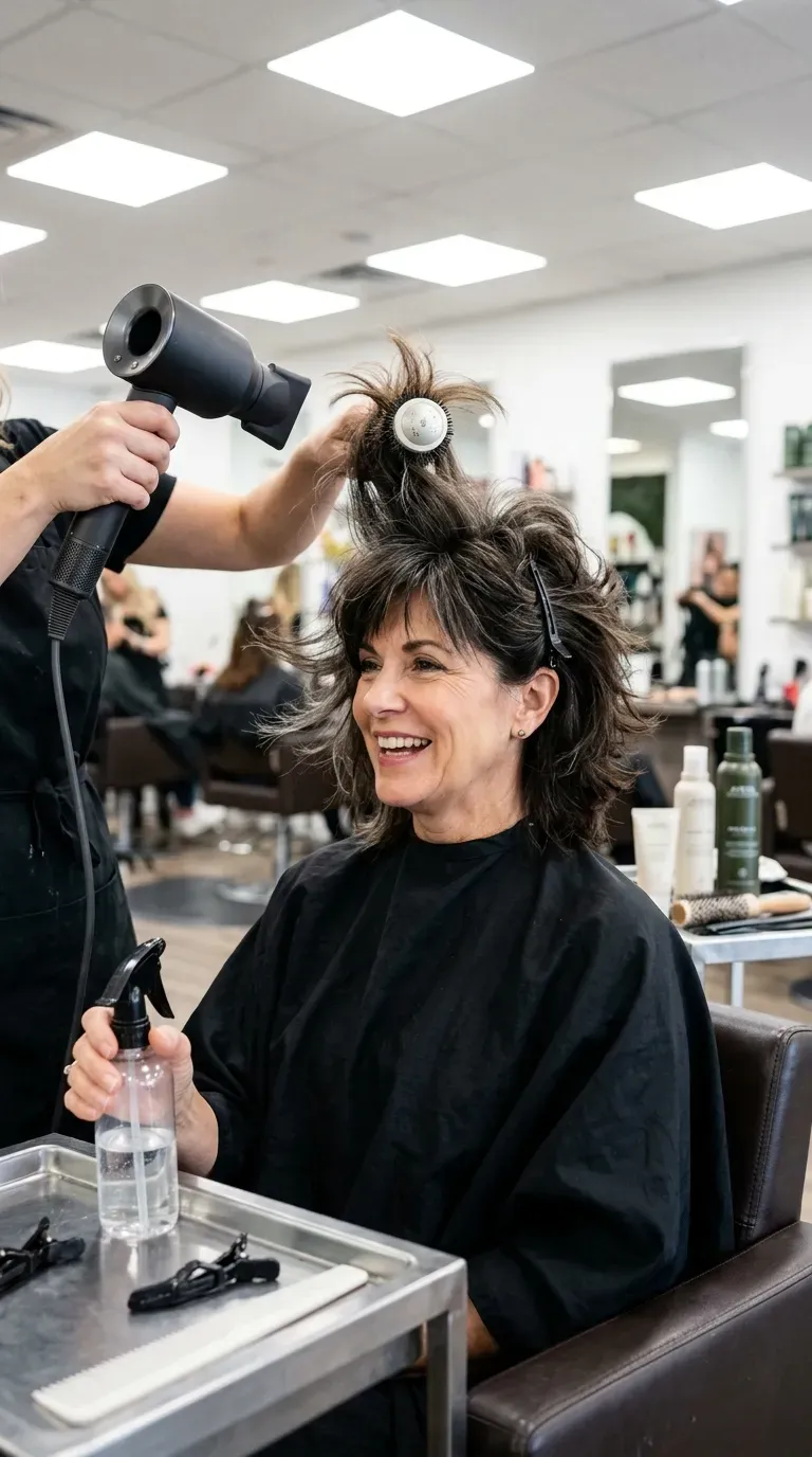 Woman over 50 with a shag haircut featuring visible root lift