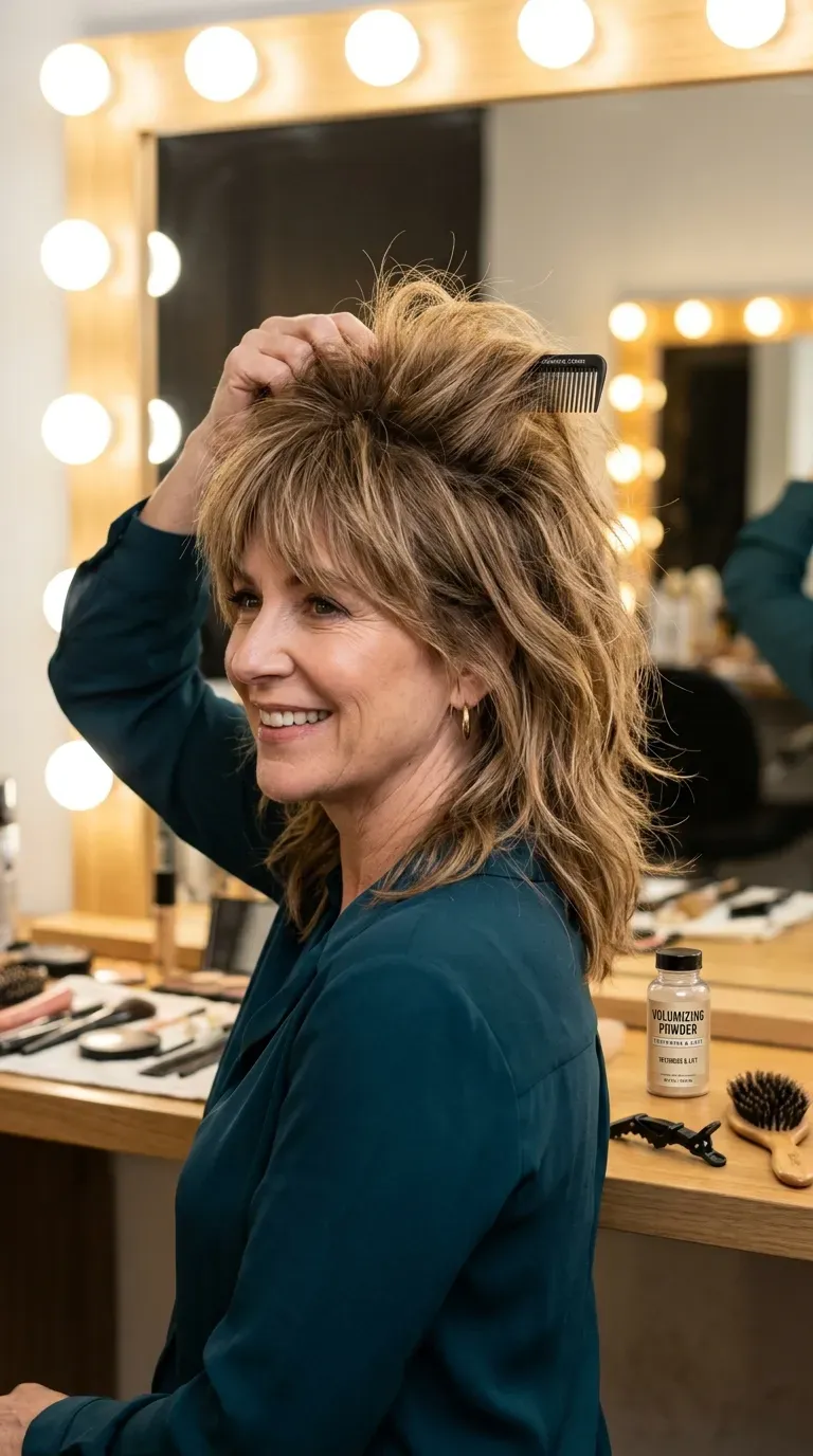 Woman over 50 with a shag haircut featuring teased roots for volume