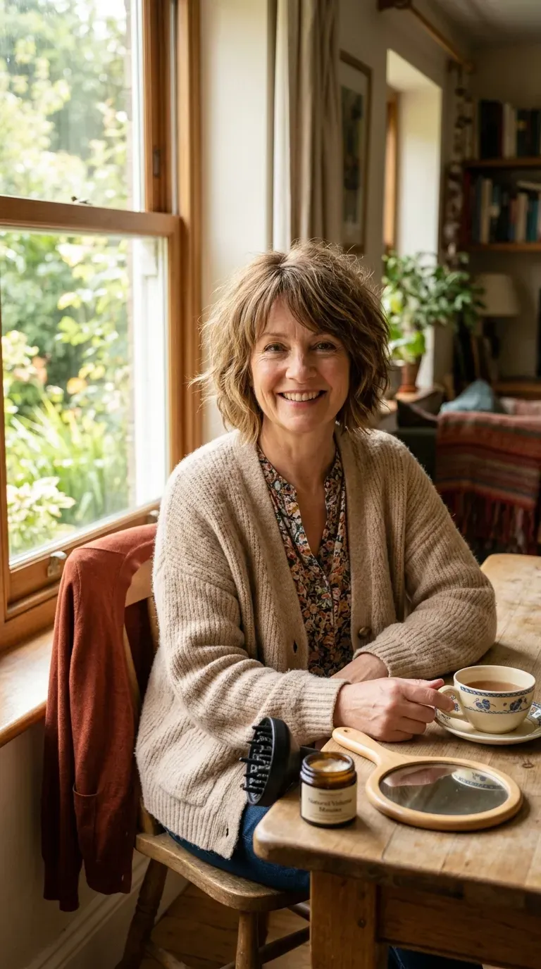 Woman over 50 with a shag bob haircut combining layers and length