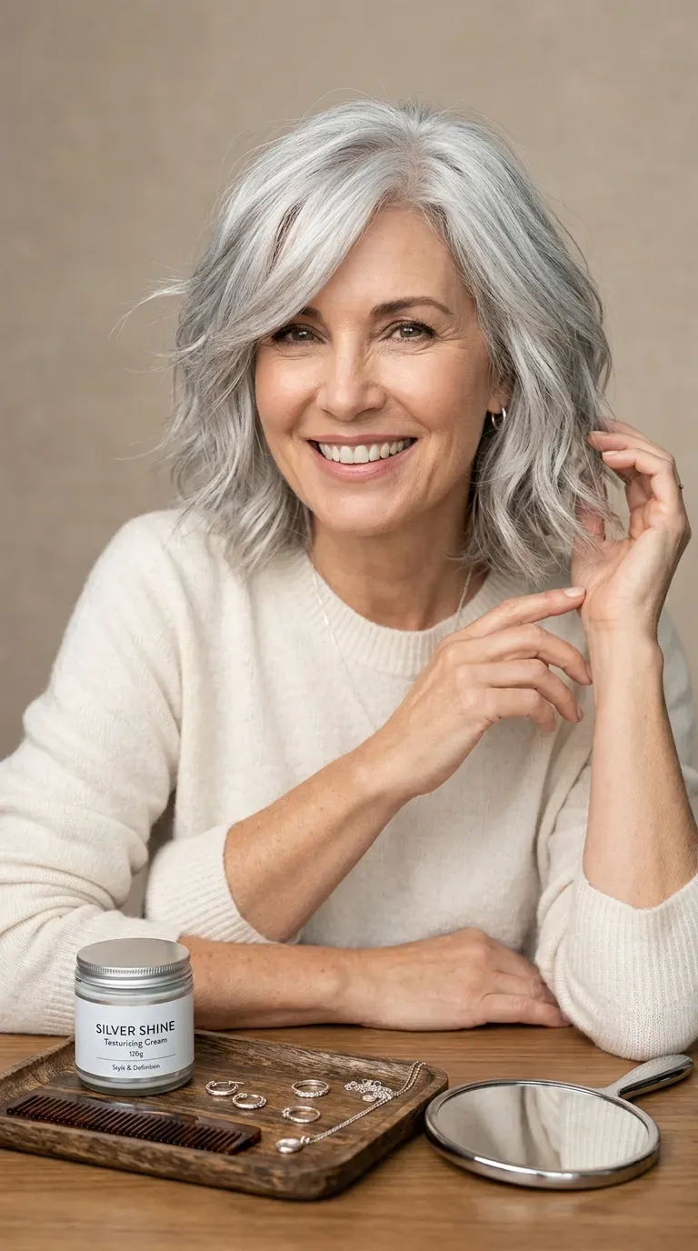 Woman over 50 with a silver shag haircut and textured layers