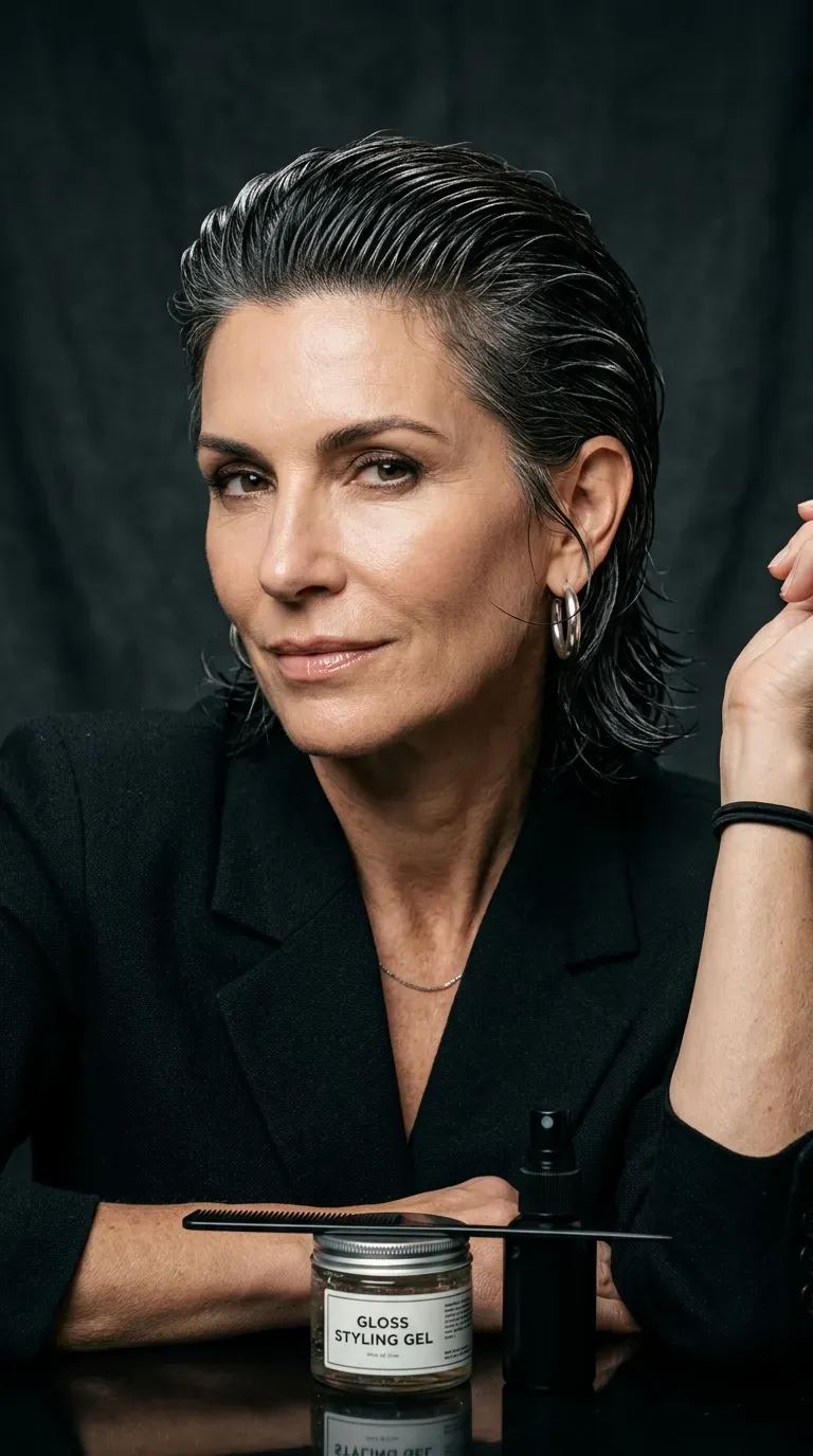 Woman over 50 with a shag haircut styled slicked back