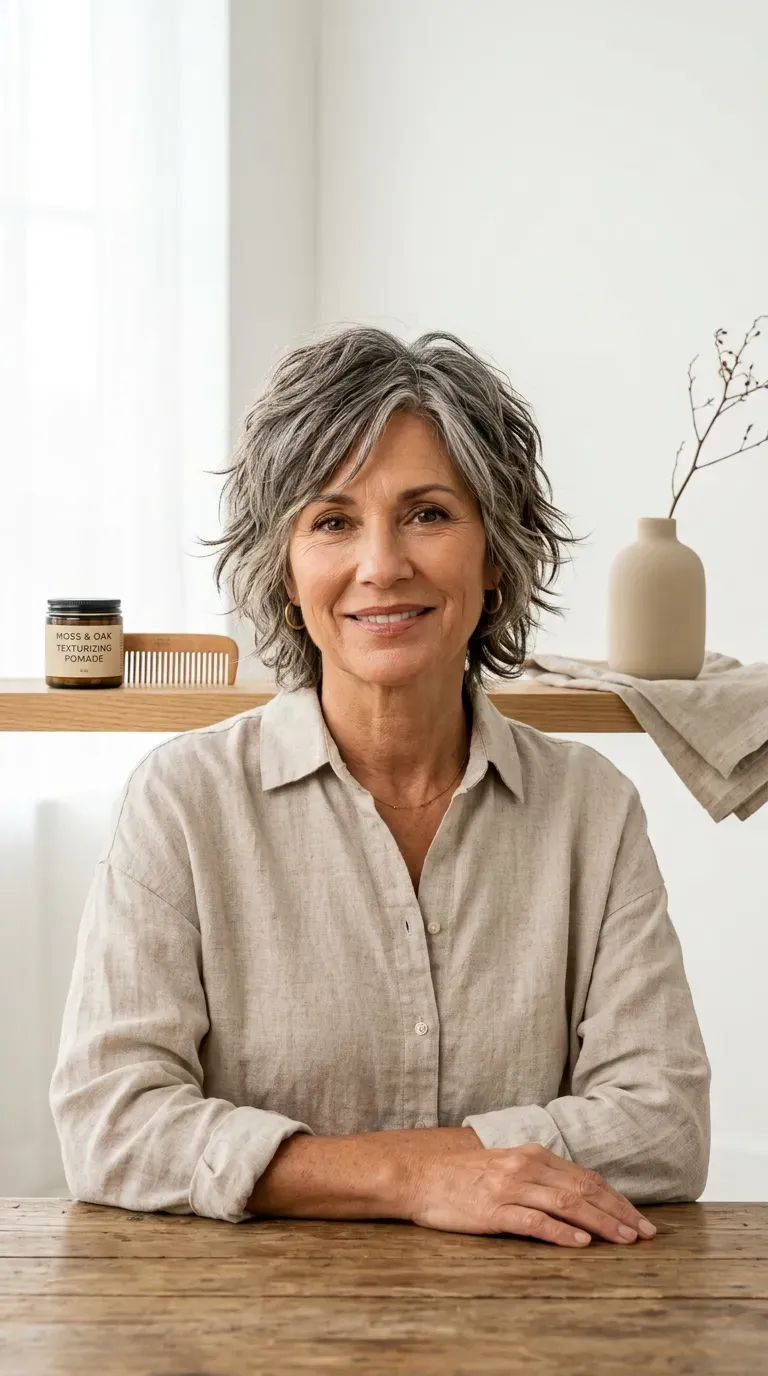 Woman over 50 with a heavily textured shag haircut