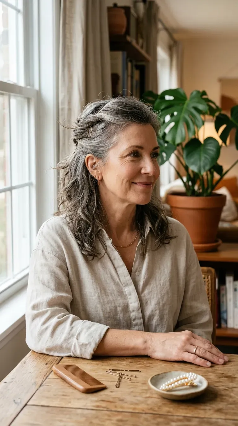 Woman over 50 with a shag haircut styled with a twisted half-up section