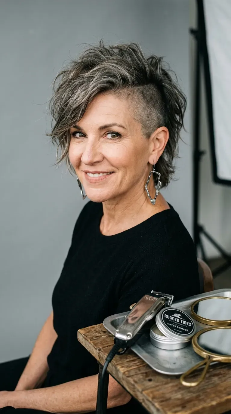 Woman over 50 with a shag haircut featuring a shaved undercut
