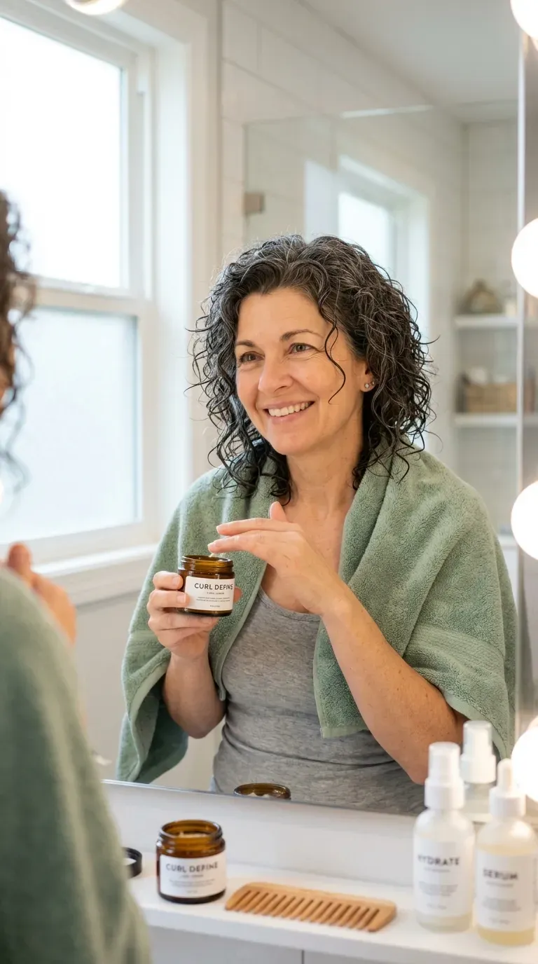 Woman over 50 with a low-maintenance wash-and-go curly shag