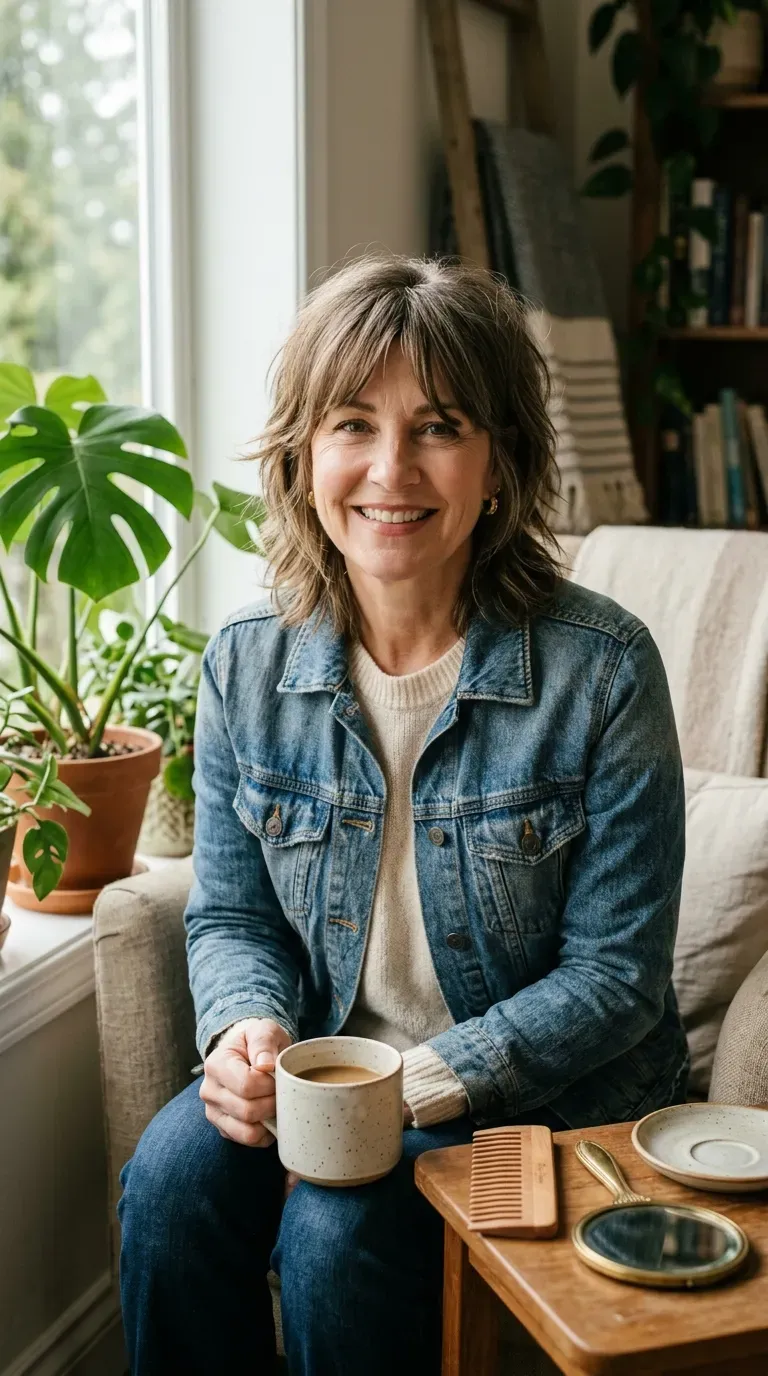 Woman over 50 with a wavy shag haircut and soft texture