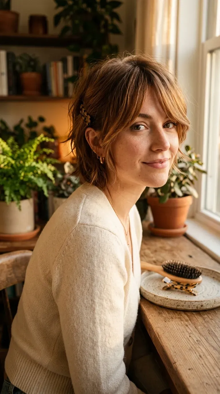 Woman with a short shag and long side-swept bangs