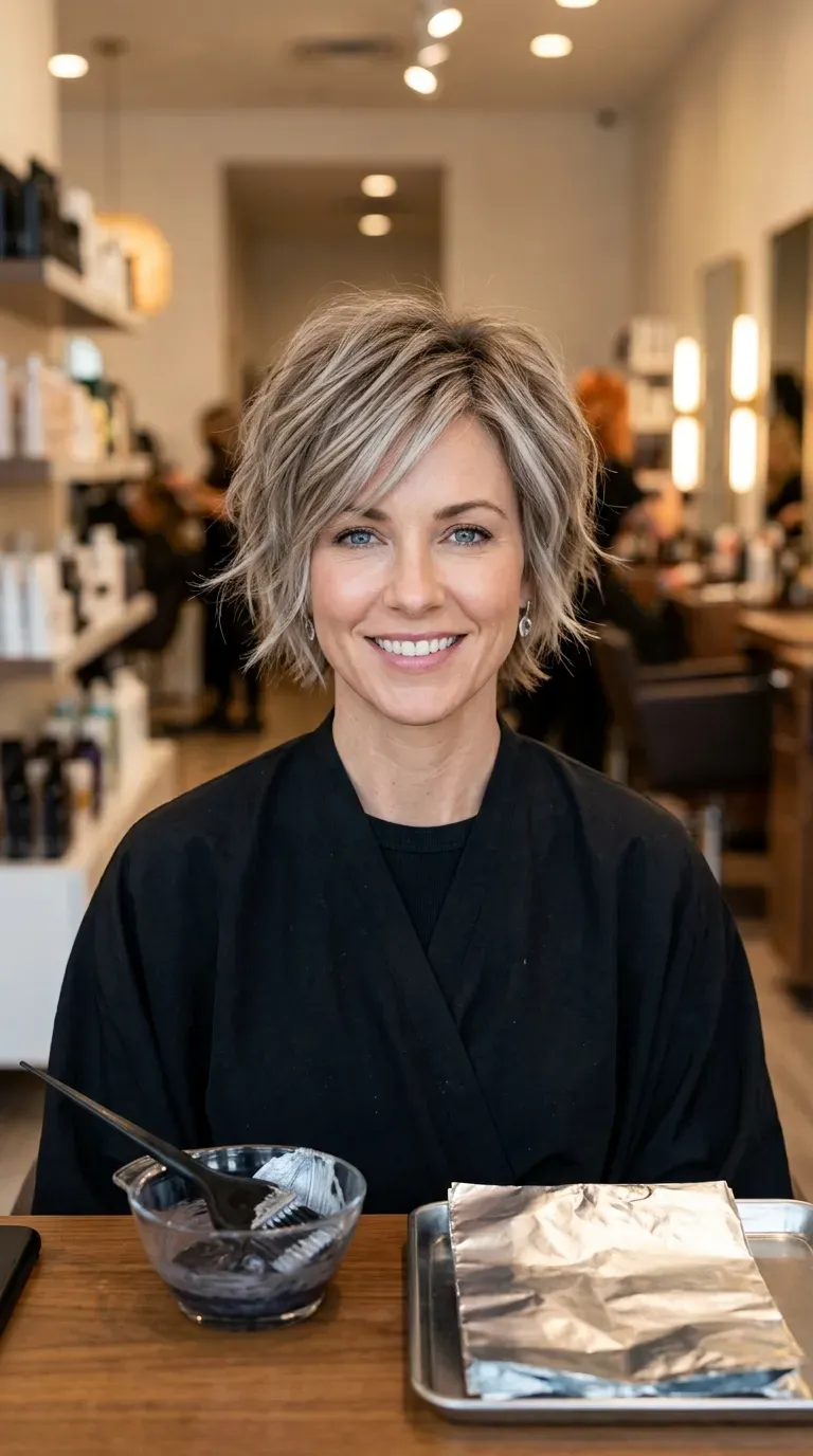 Woman with a short shag featuring soft, dimensional silver highlights