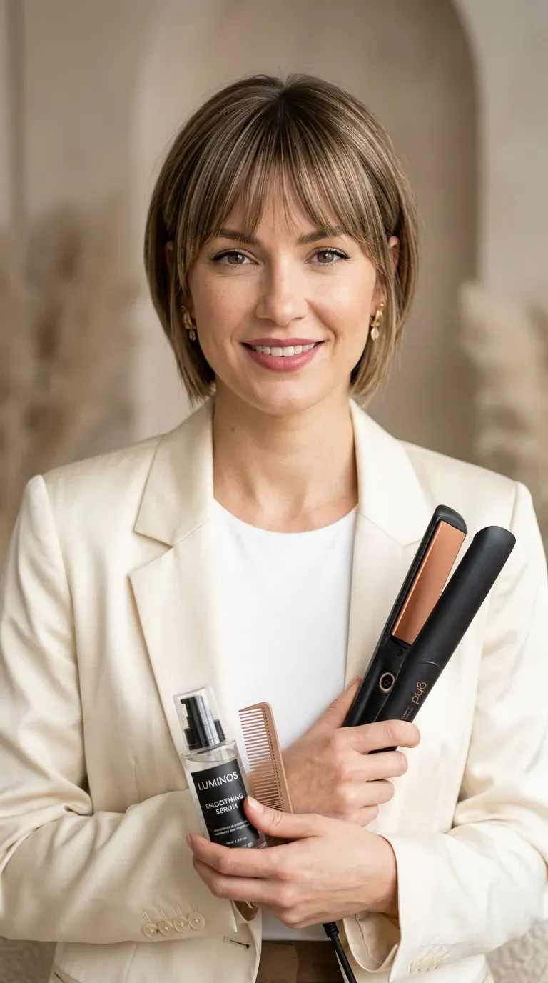 Woman with a short shag straightened sleek and smooth
