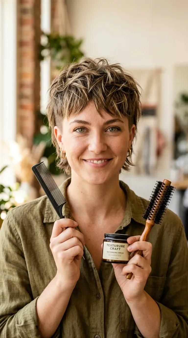 Woman with a short shag featuring closely textured crop sides