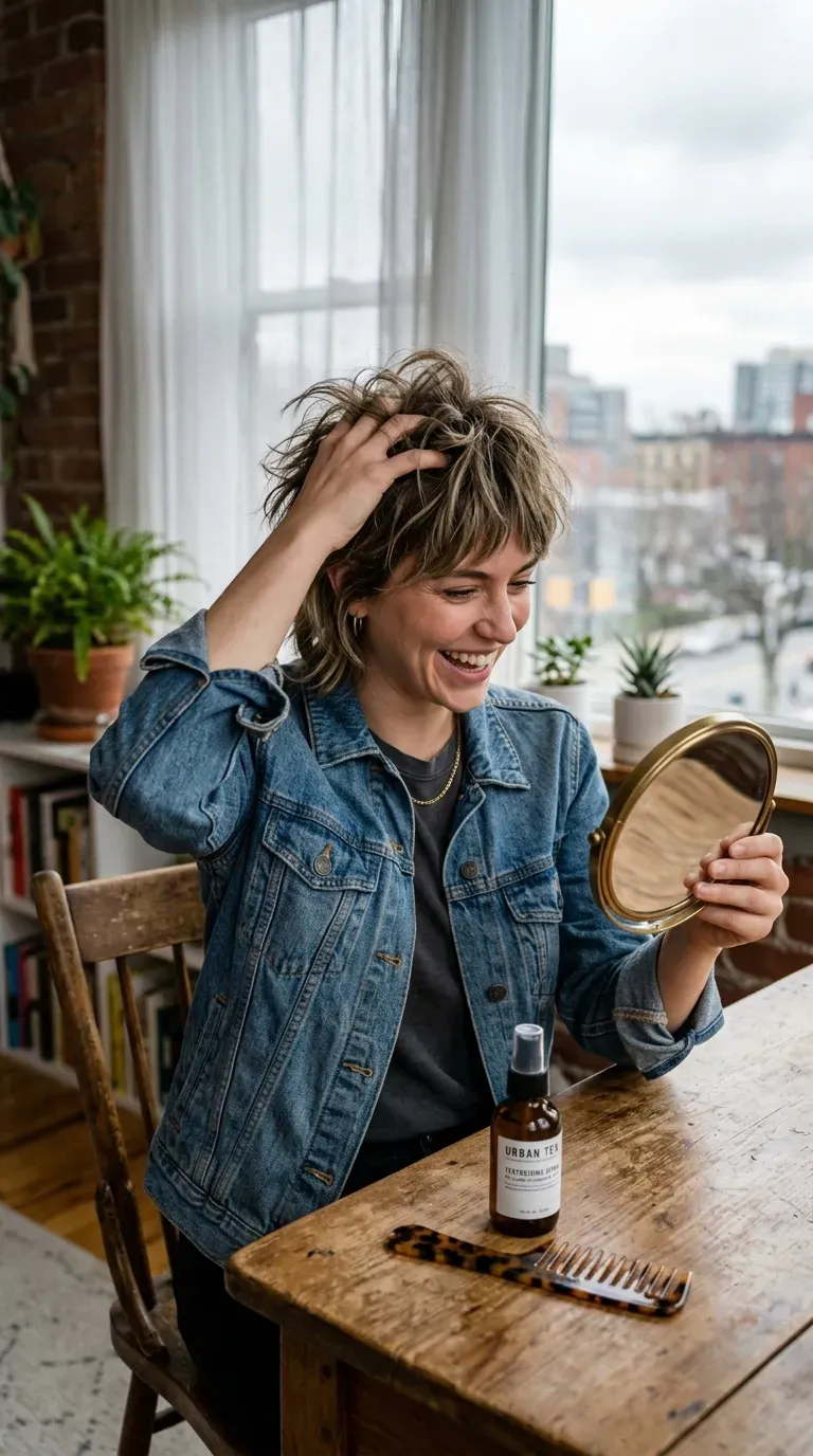 Woman with a short shag haircut showing built-in texture for fine hair
