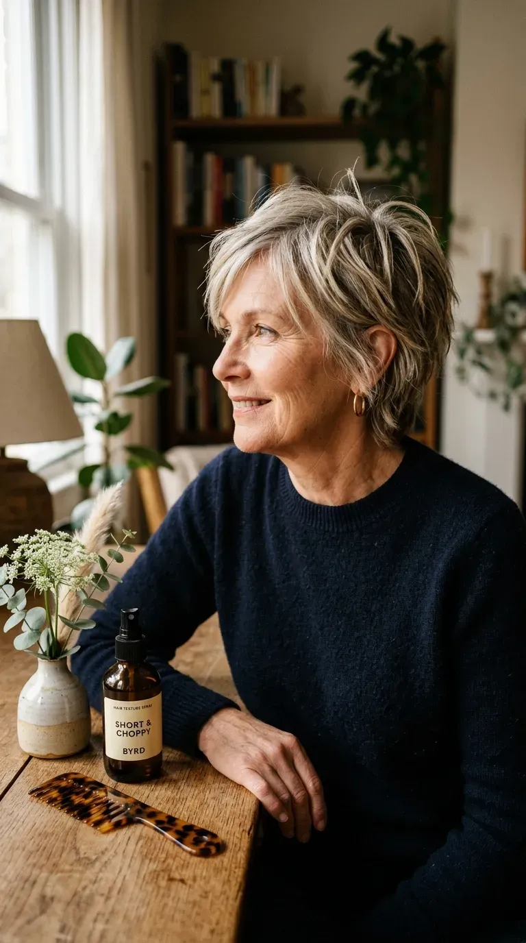 Woman over 60 with a short shag haircut showing choppy, piecey texture