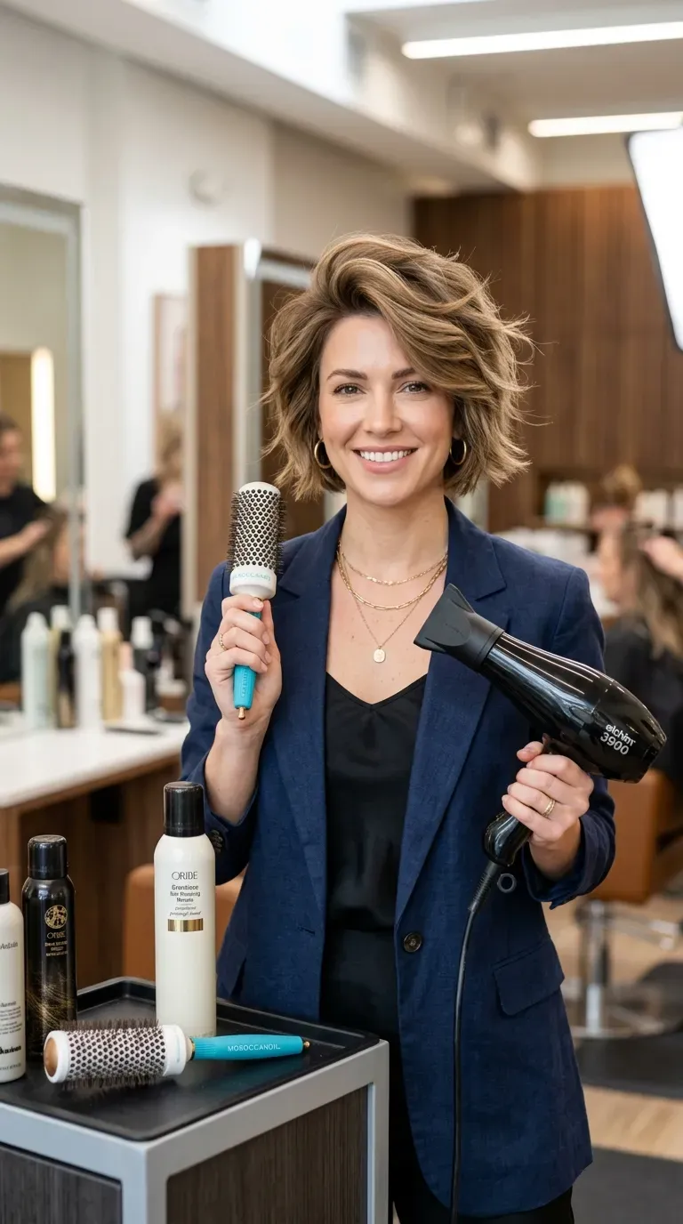 Woman with a short shag styled with extra volume from a fresh blowout