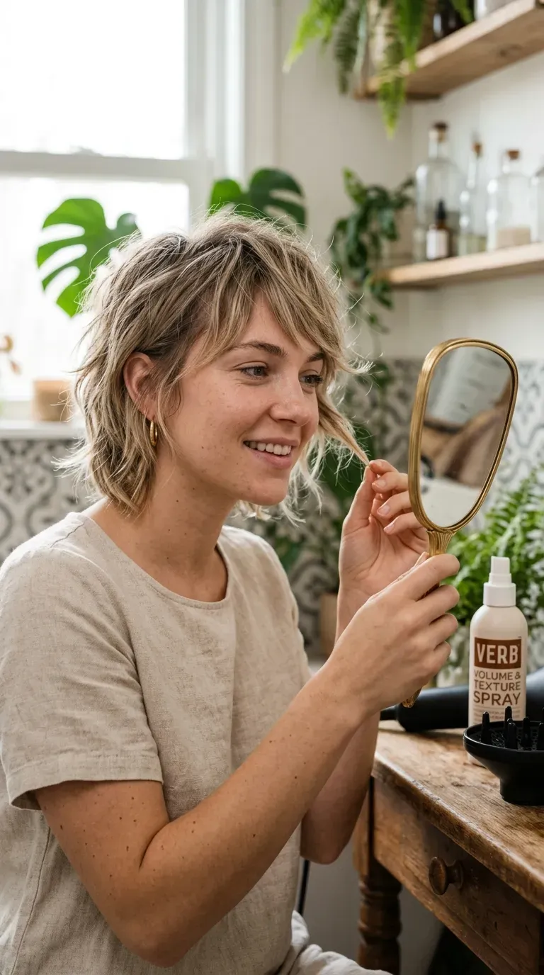Woman with a short shag paired with a soft, wispy fringe