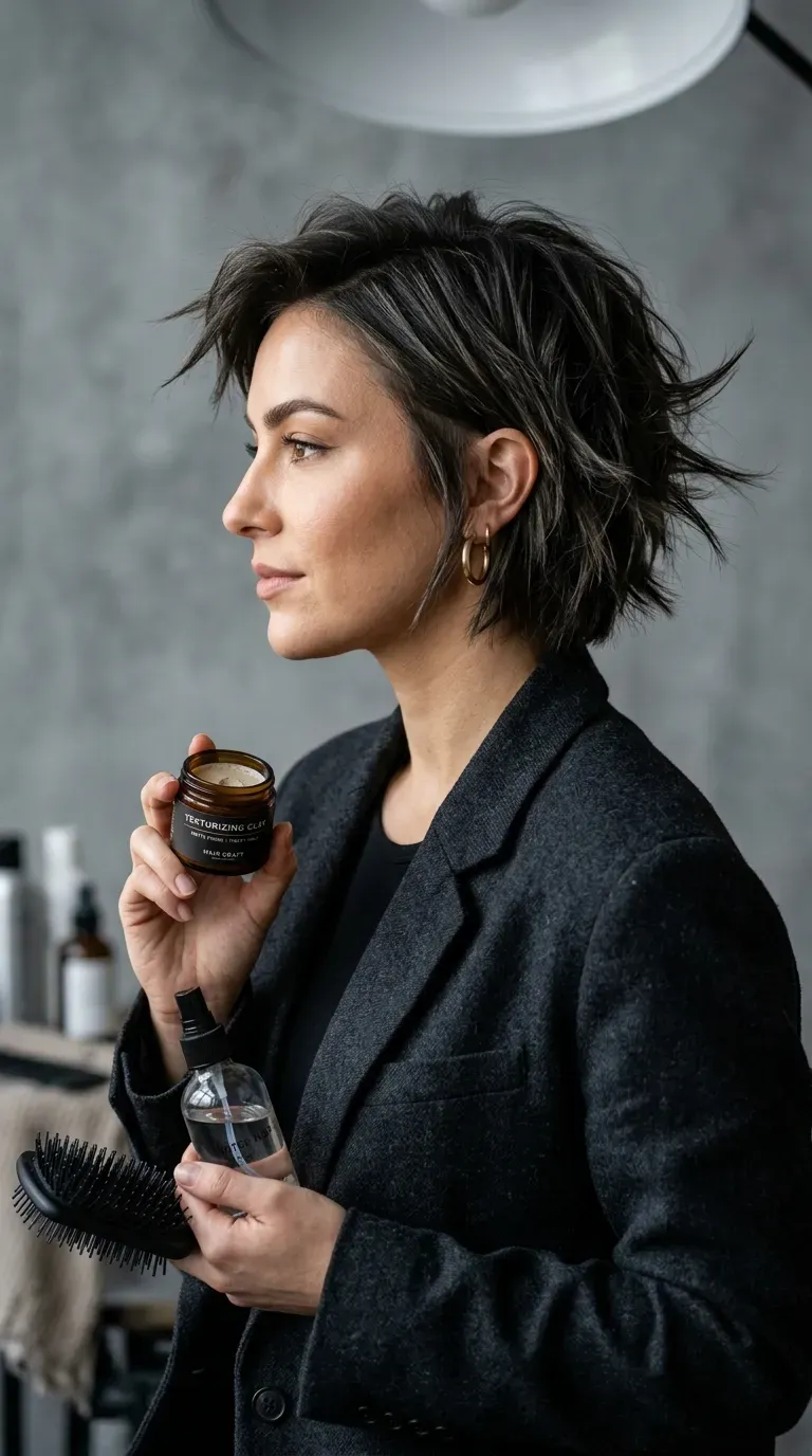 Short spiky bob haircut on woman with fine hair styled with textured ends