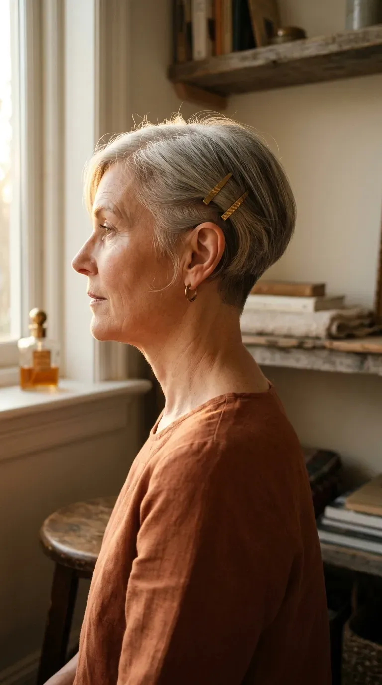 Side view of a short tapered crop with clean lines around the ears and nape