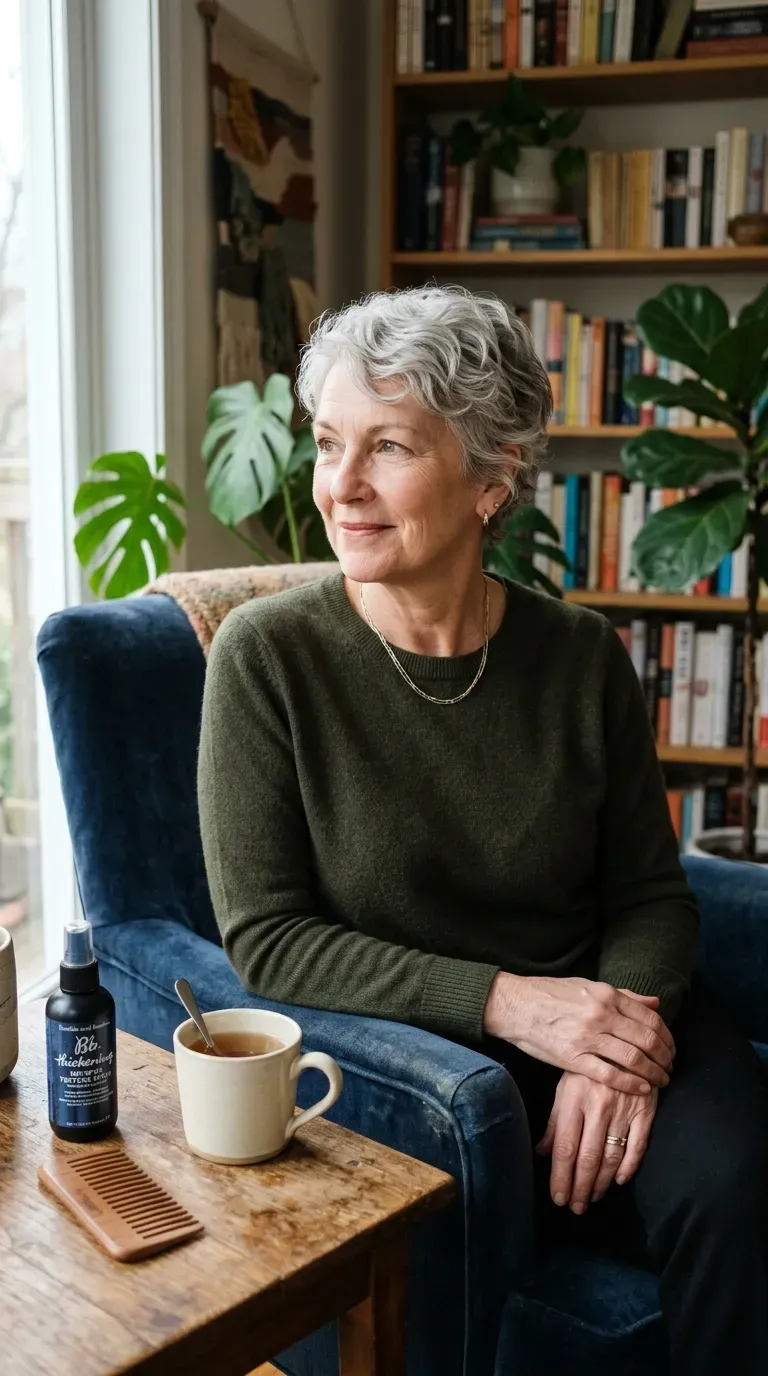 Woman over 60 with a short wavy pixie styled with loose, natural waves