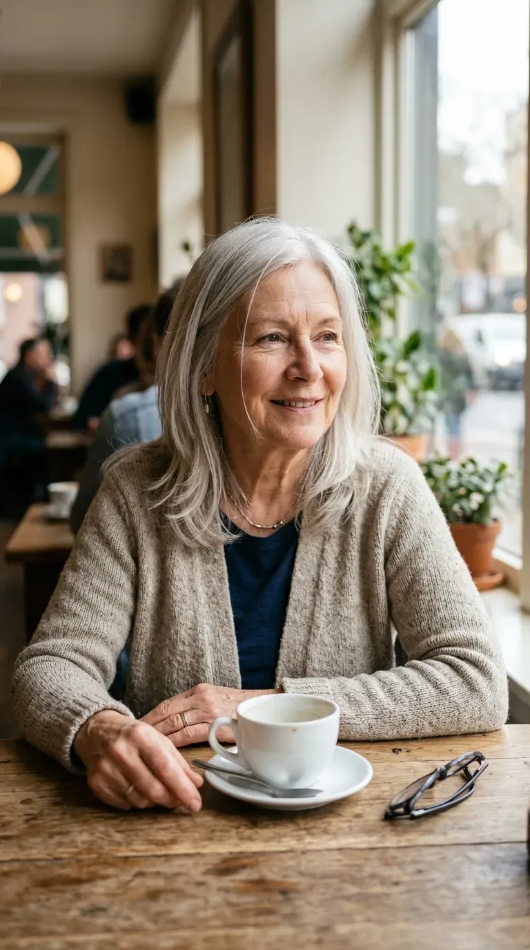 Woman over 70 with medium silver hair cut in gentle layers grazing the shoulders