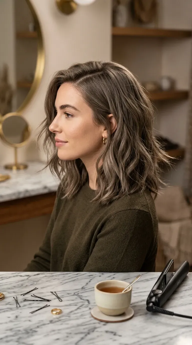 Shoulder-length layered lob haircut on a woman with soft waves and side part