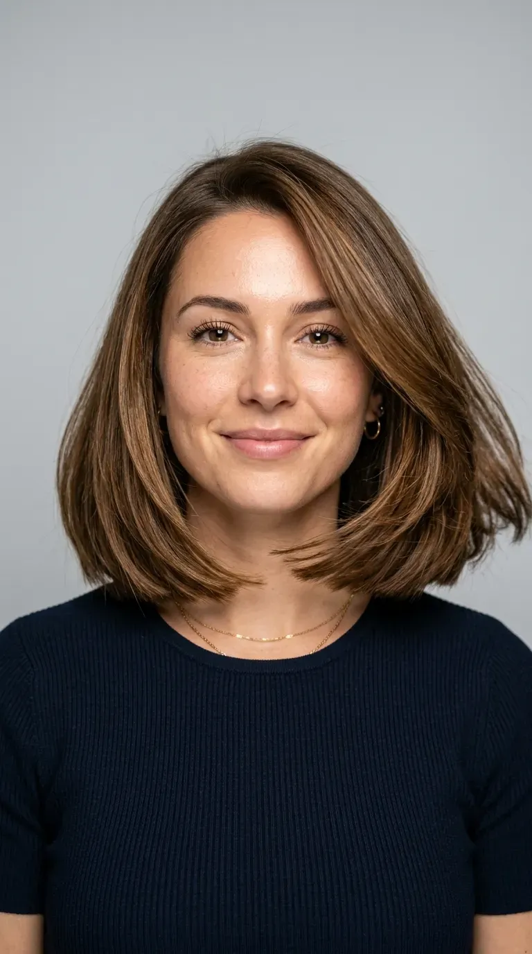 Woman over 60 with shoulder-length layered hair featuring a clean blunt perimeter line