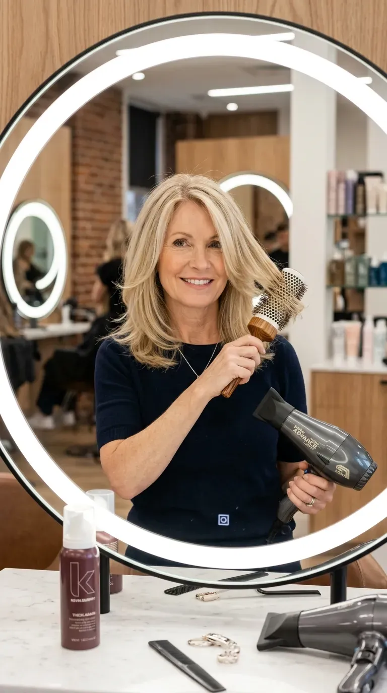 Woman over 50 with fine hair styled in shoulder-length layers designed for density