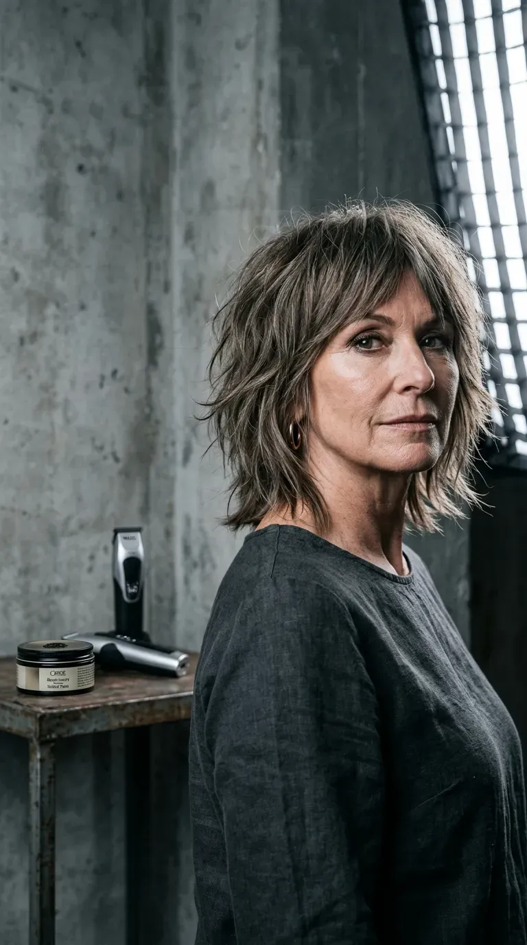 Mature woman with a shoulder length shag haircut featuring piecey disconnected layers throughout