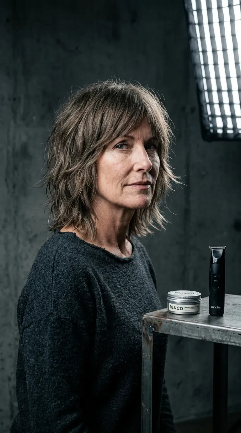 Mature woman with a shoulder-length shag haircut featuring piecey layers throughout