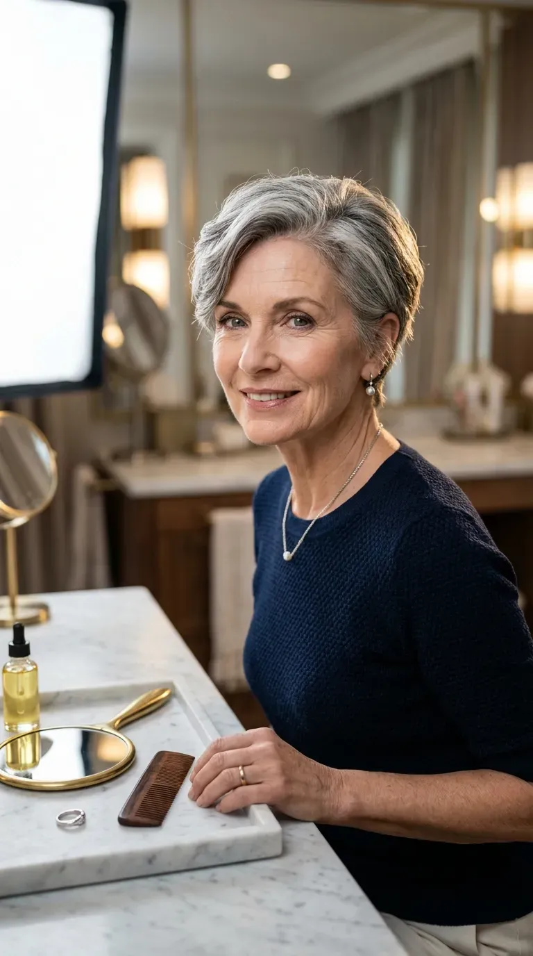 Woman over 60 with a short crop styled with a deep side part for volume
