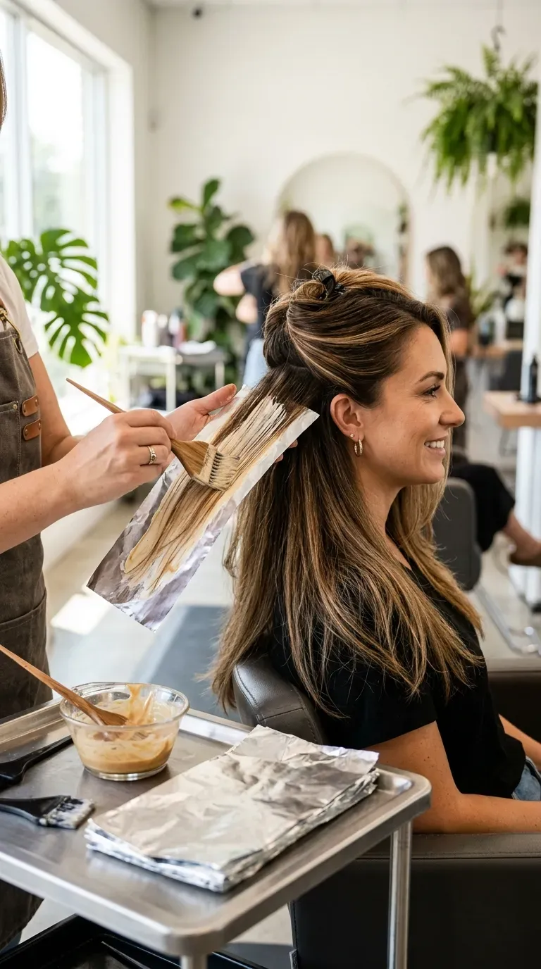 Woman with side-swept long layers featuring soft hand-painted balayage color