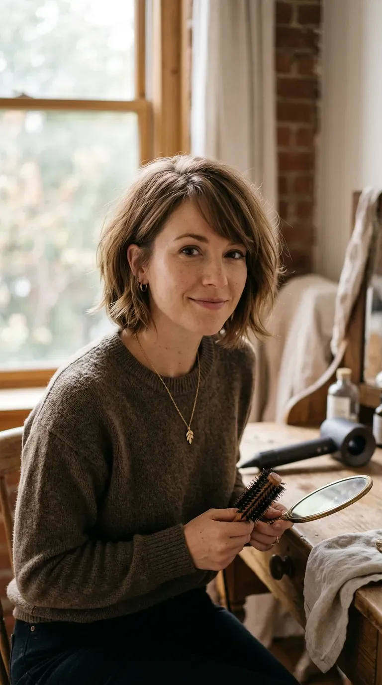 Woman with a layered bob and side-swept bangs framing the face