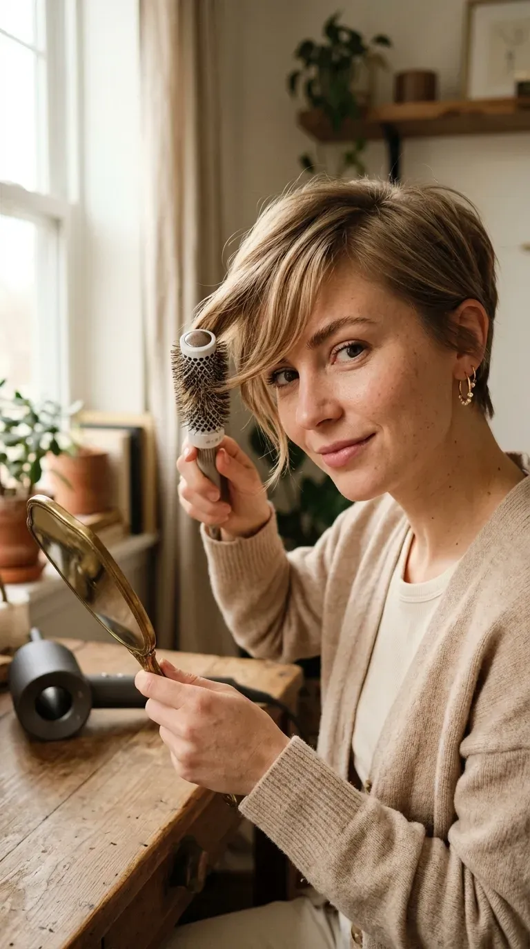 Woman with a pixie cut and long side-swept bangs framing the face