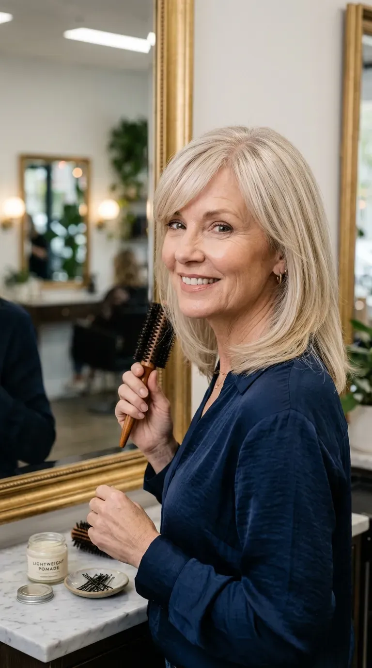 Woman over 50 with fine hair styled in side-swept bangs blended into layered hair