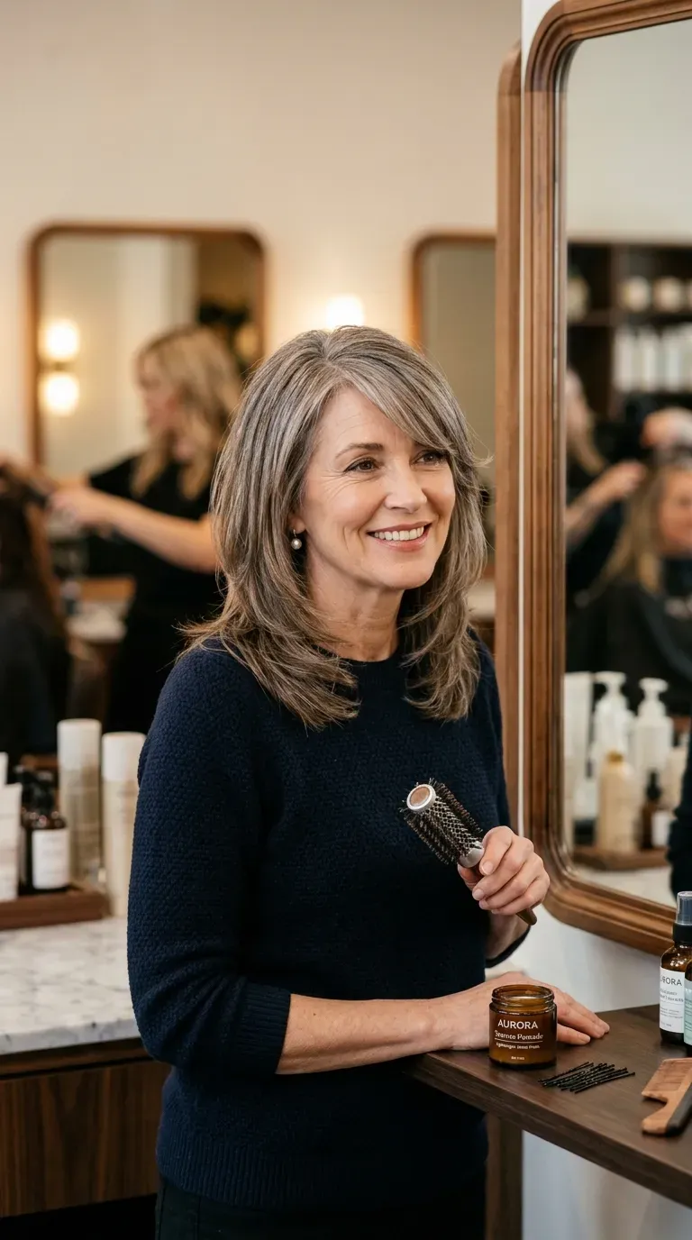 Woman over 50 with side-swept bangs blended into medium layered hair near a mirror