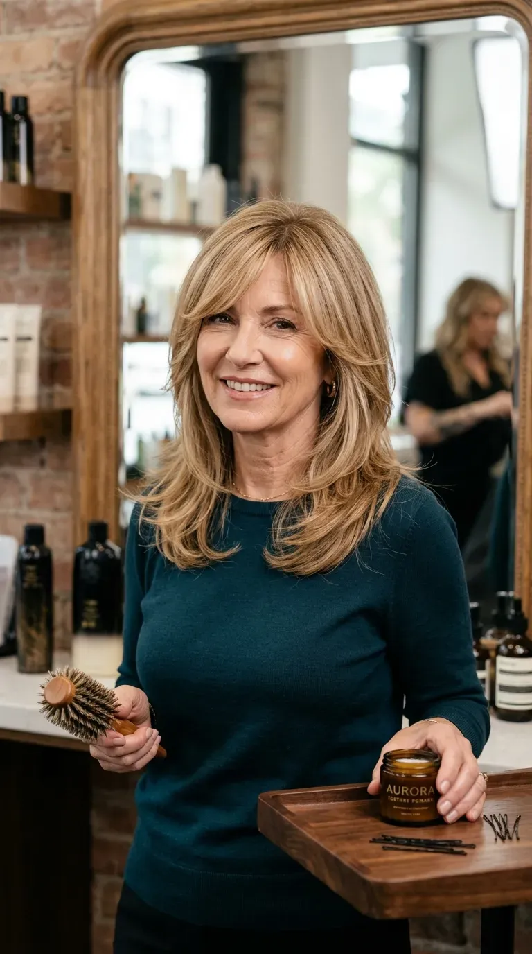 Woman over 50 with side-swept bangs blended into long layered hair near a mirror