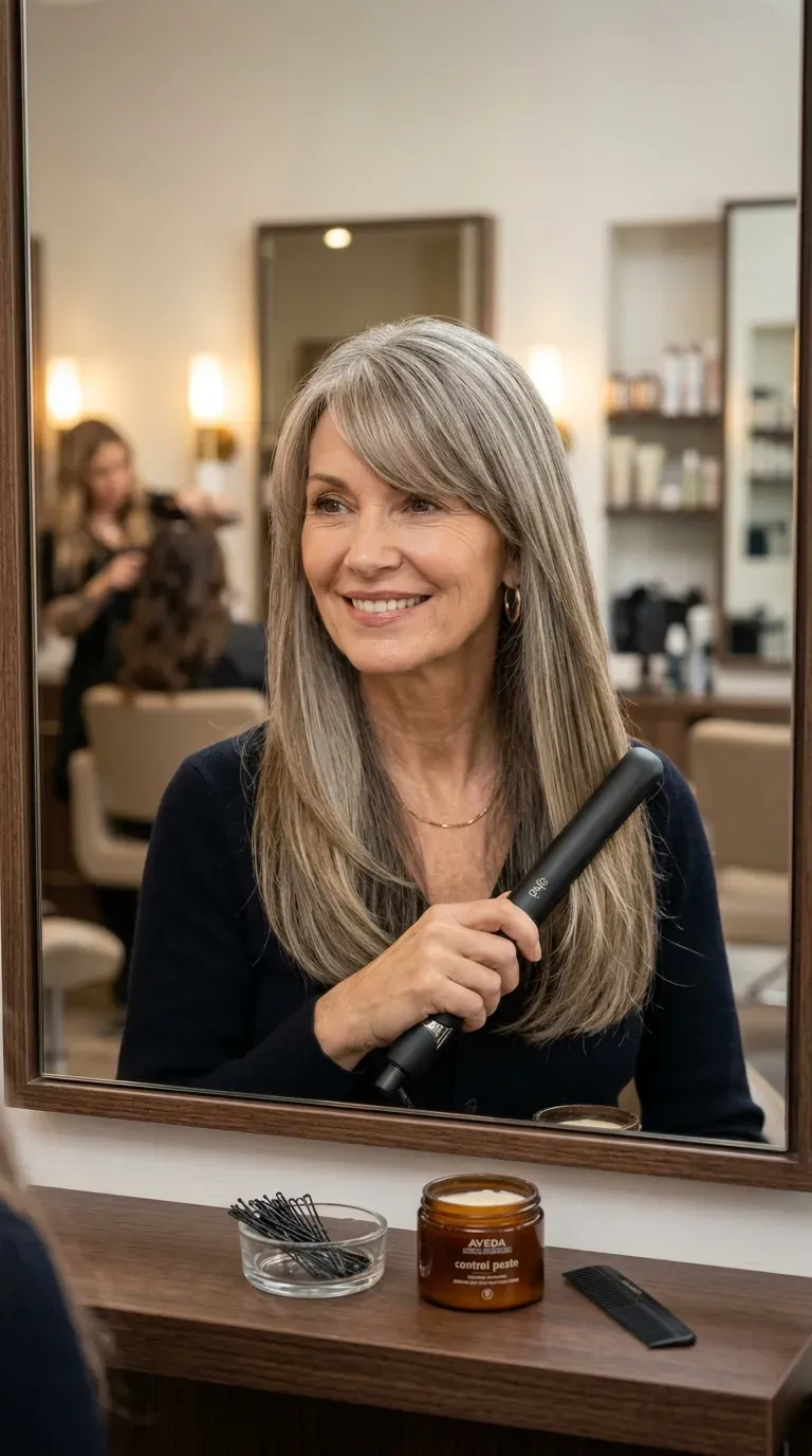 Woman over 50 with side-swept bangs blended into straight long layered hair