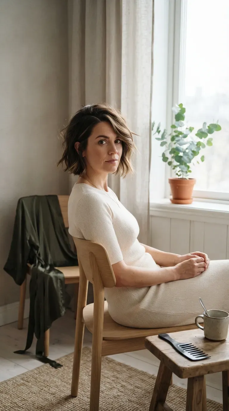 Woman with a side-swept choppy bob styled with a deep part and soft waves