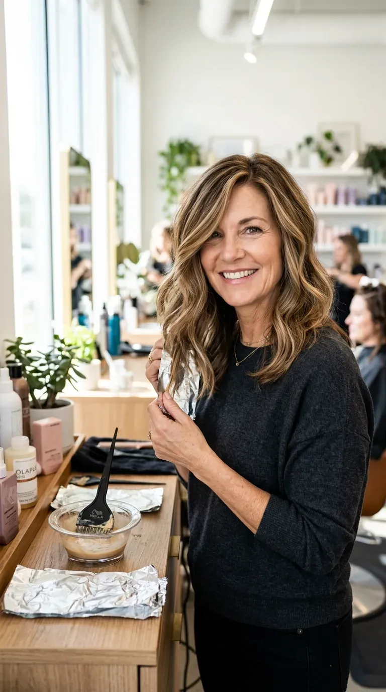 Woman over 50 with side-swept front layers highlighted with soft balayage