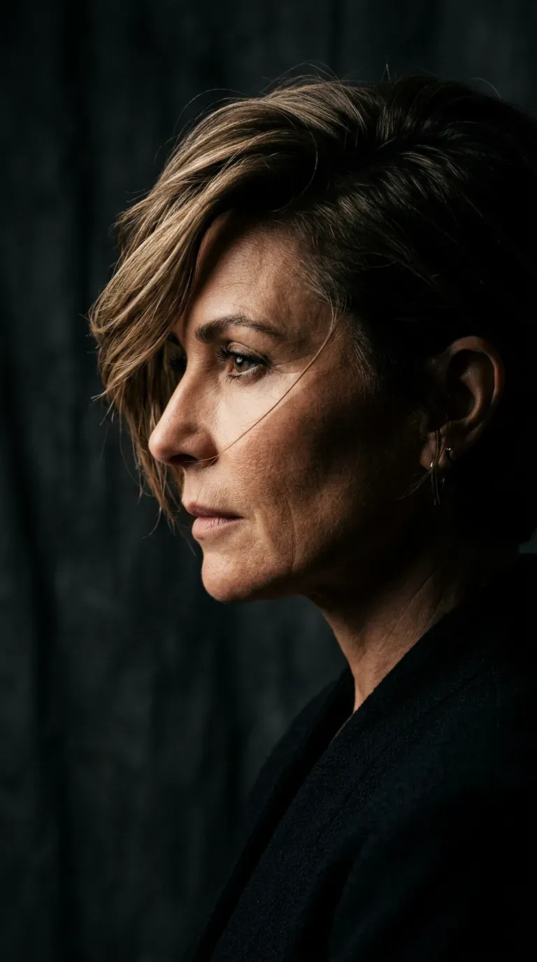Mature woman wearing layered hair swept dramatically to one side
