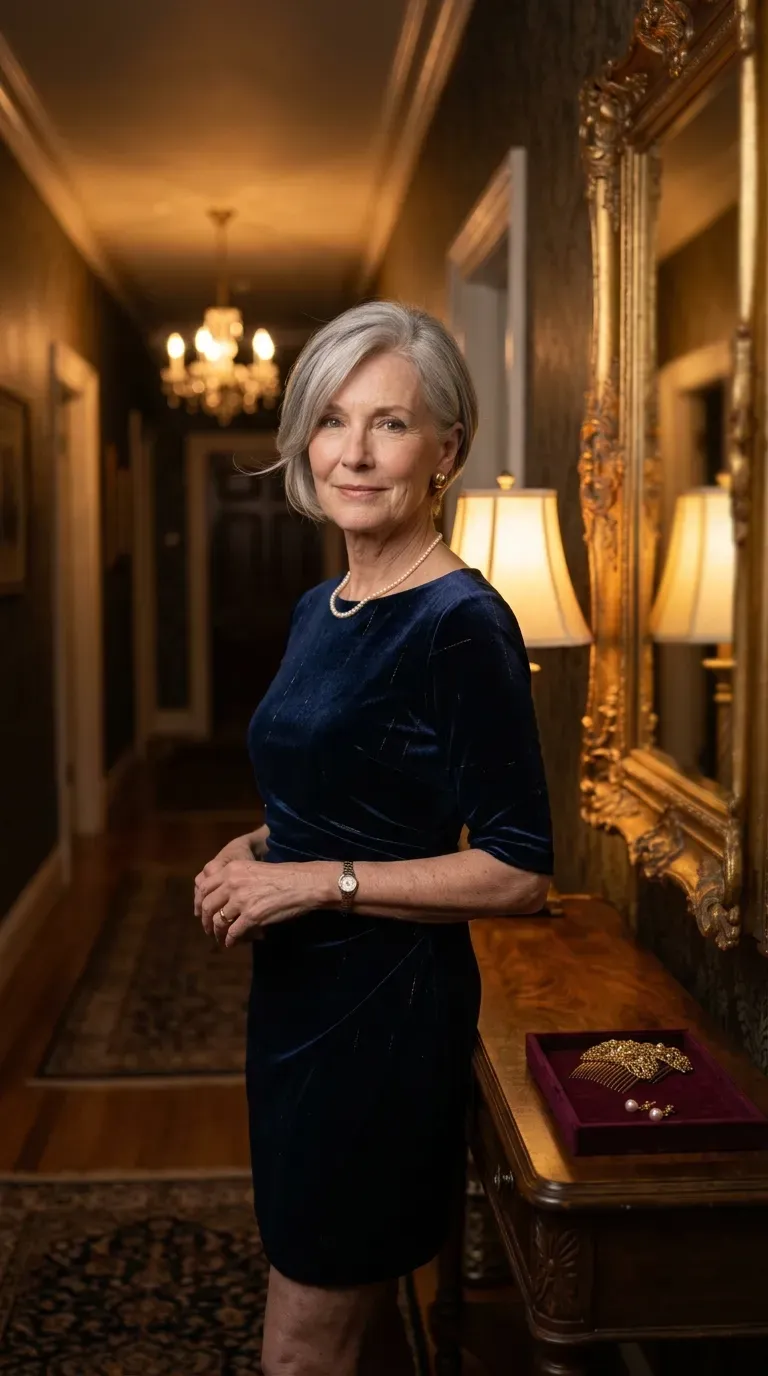 Older woman with side swept layers brushed diagonally to camouflage a thinning crown