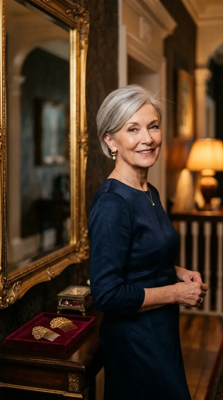 Elegant older woman with side swept layers brushed diagonally to camouflage a thinning crown