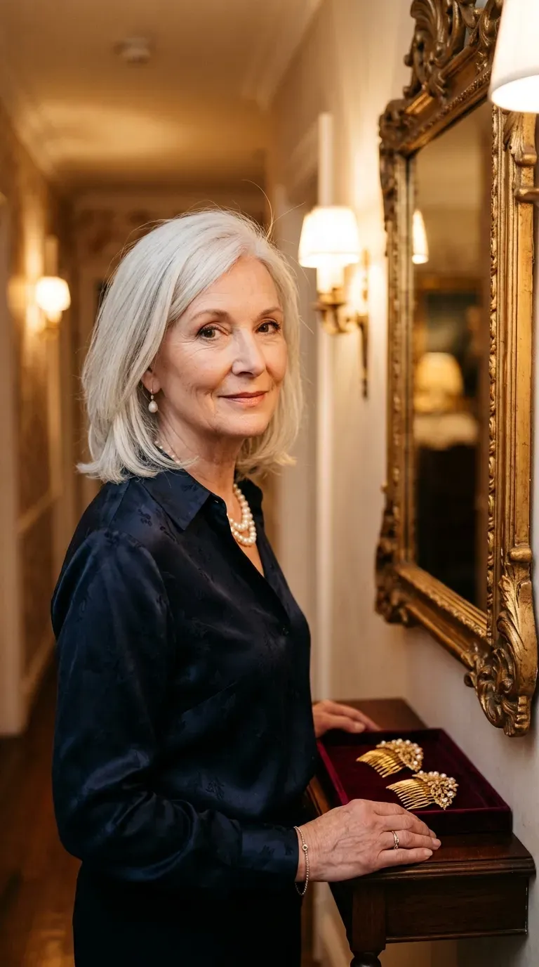 Elegant older woman with side swept long layers brushed diagonally to camouflage a thinning crown