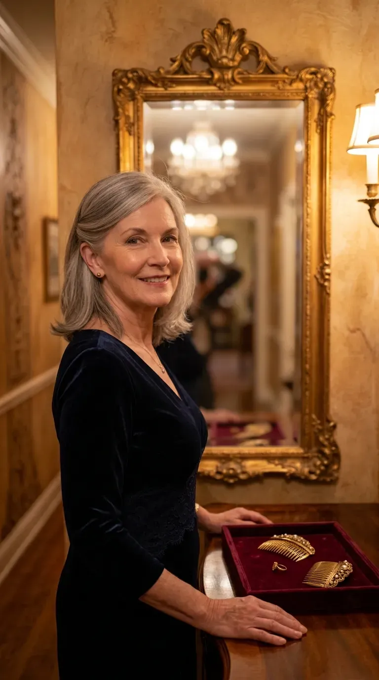 Elegant older woman with side swept medium layers brushed diagonally to camouflage a thinning crown