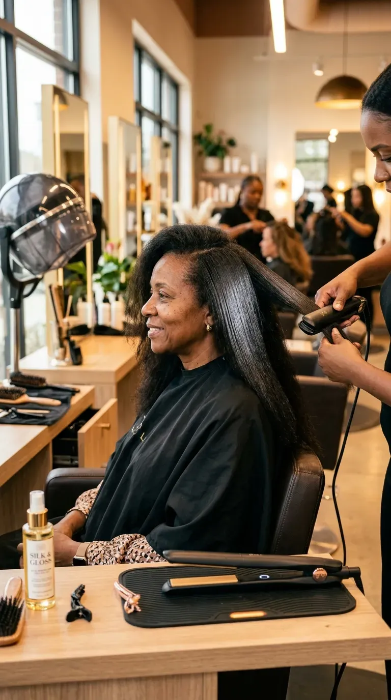 Woman over 50 getting a silk press on textured long layered hair for a smooth straight finish