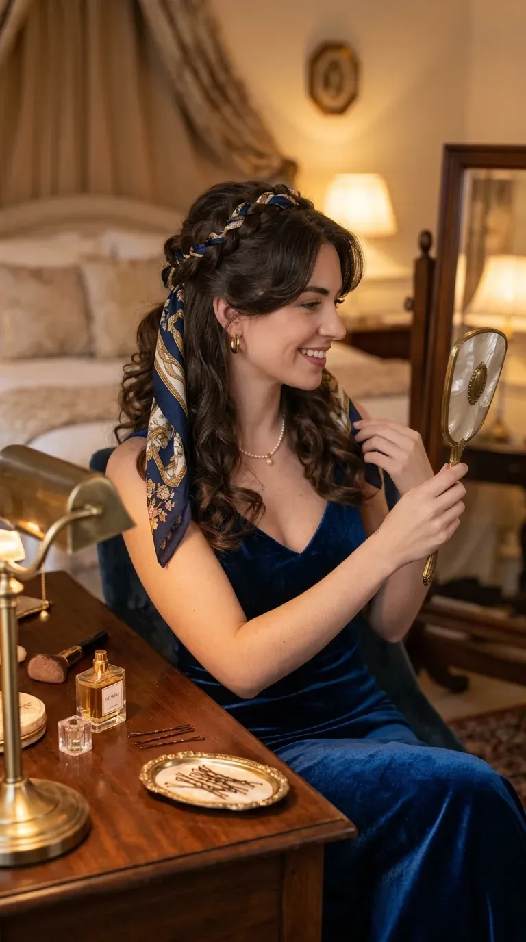 Layered hairstyle accessorized with a silk scarf for a special occasion look