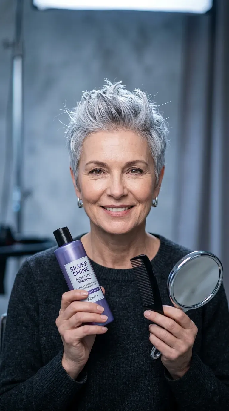 Short spiky crop haircut styled for silver and gray hair on older women