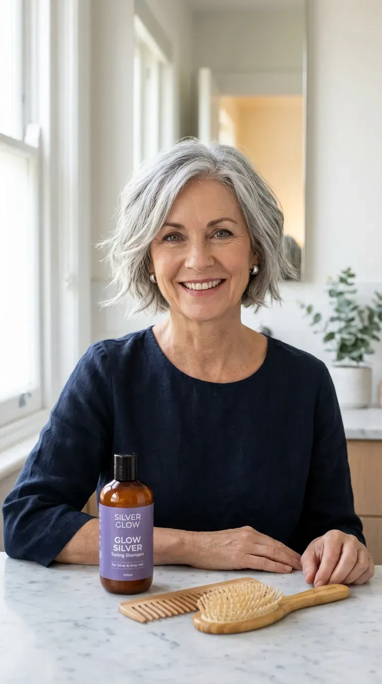 Woman over 60 with a silver-toned choppy bob with dimensional texture